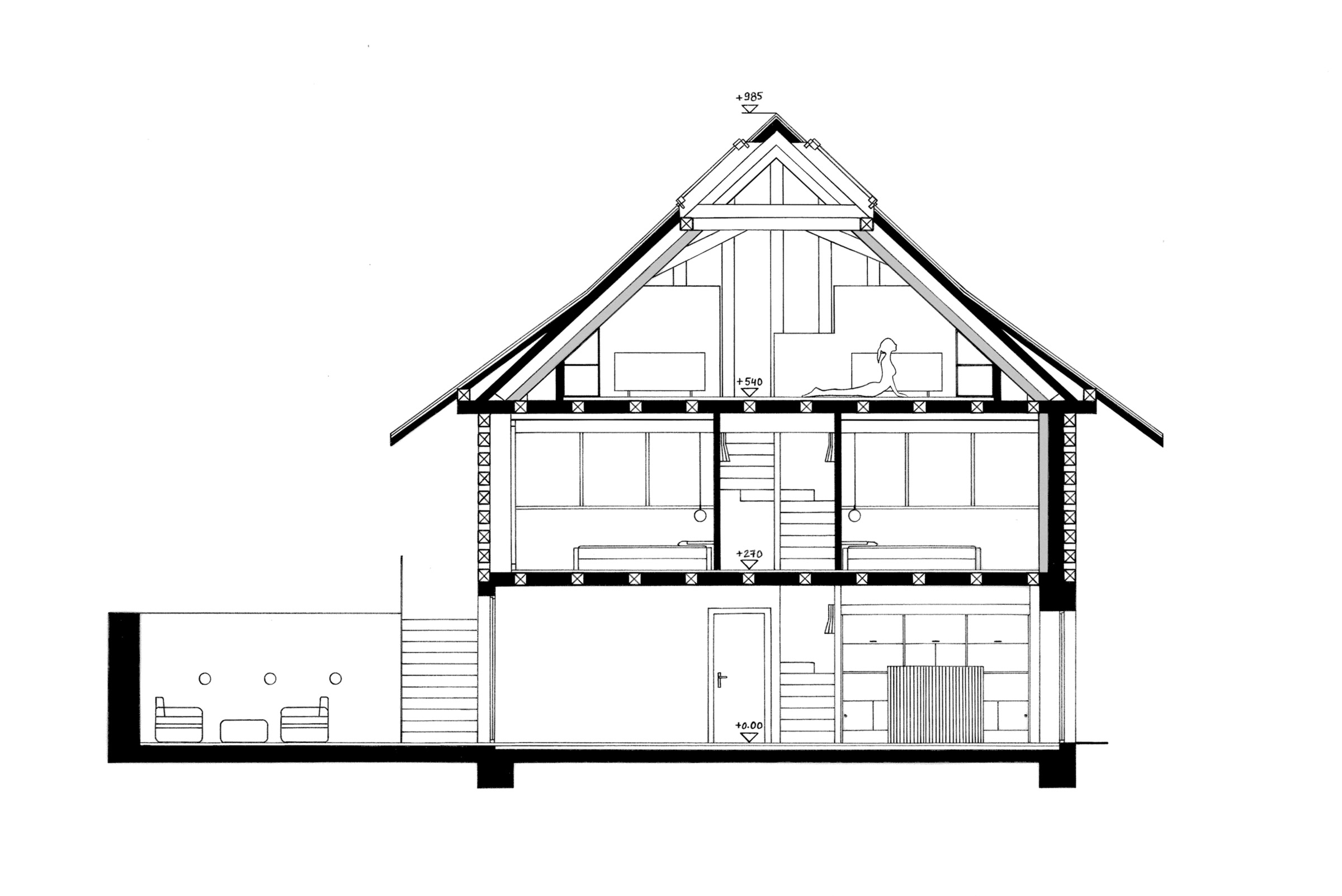 Rénovation d’une ancienne cure vaudoise. Transformation et rénovation. Coupe.