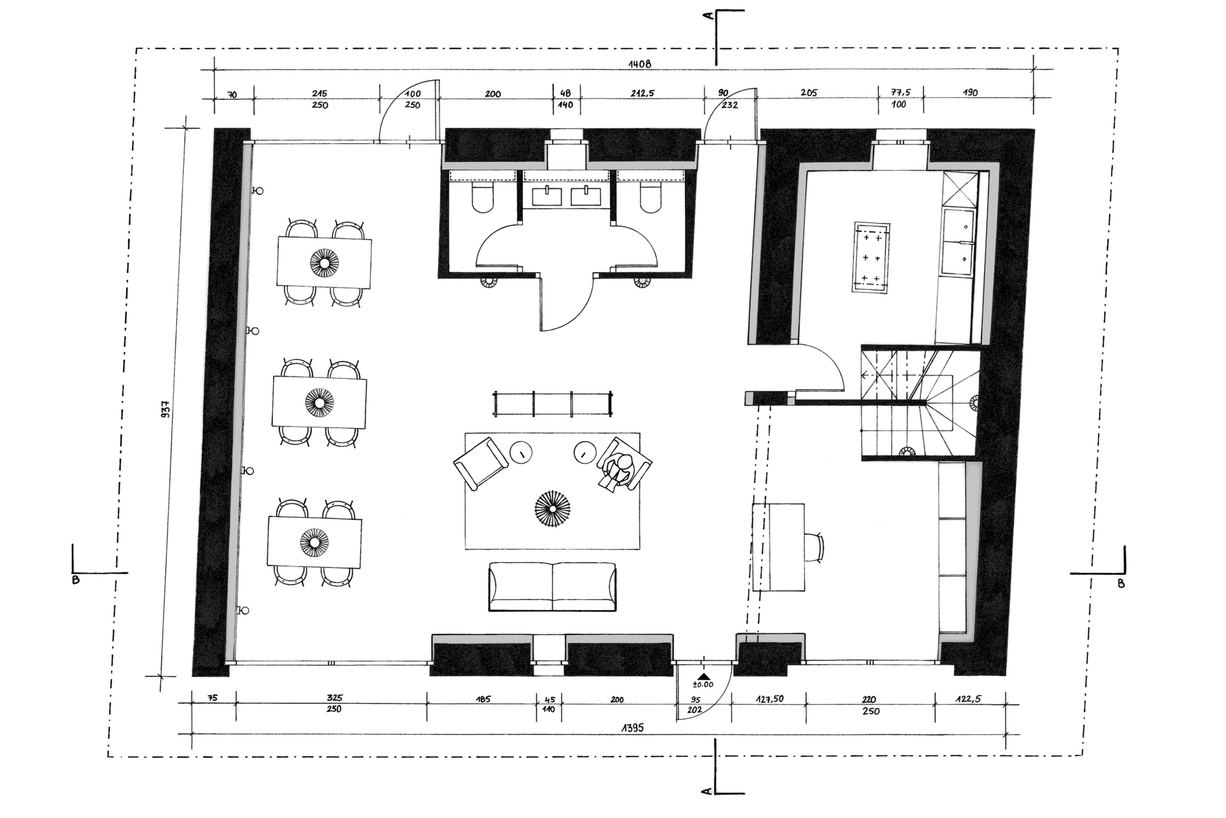 Rénovation d’une ancienne cure vaudoise. Transformation et rénovation. Plan rez.